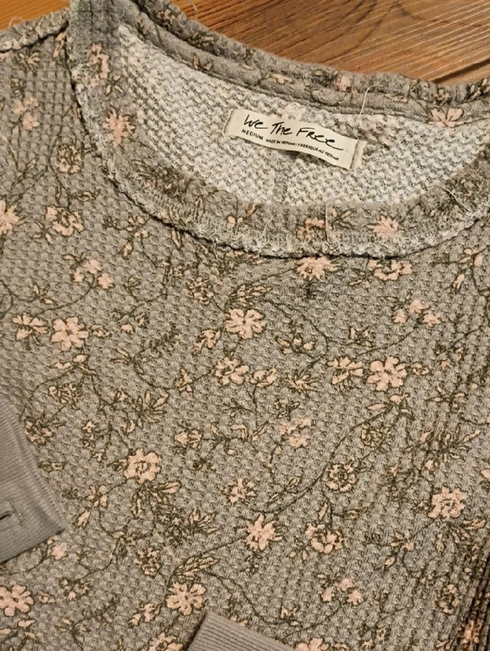 We The Free Floral Embroidered Waffle Knit Top - Grey with Pink Flowers